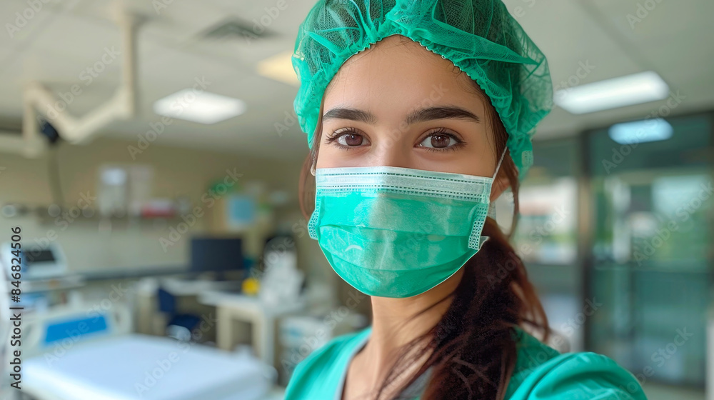 Confident female healthcare worker in green scrubs and face mask in a hospital room, ready to assist patients and provide medical care. Confident female healthcare worker in green scrubs and face mask in a hospital room, ready to assist patients and provide medical care.