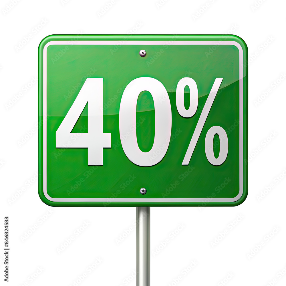 A green road sign with white text displays a forty percent discount symbol. The sign is isolated on a white background. Generative AI A green road sign with white text displays a forty percent discount symbol. The sign is isolated on a white background. Generative AI
