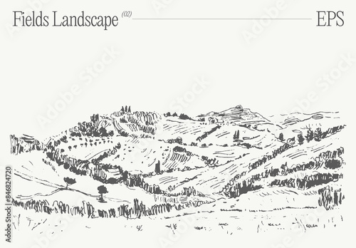 Rural landscape with grassy slopes. Hand drawn vector illustration, sketch.