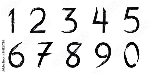 Number drawn by hand with brush. Grunge numbers from 0 to 9 in ink.
