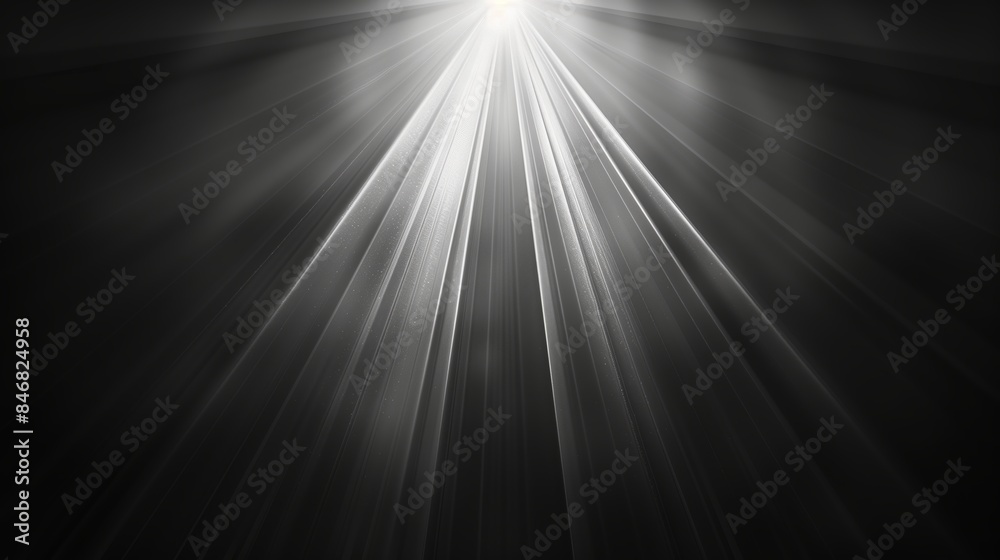 One directional light rays at center on a flat black background, texture. One directional light rays at center on a flat black background, texture.