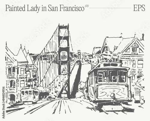 Painted Lady, Alamo Square in San Francisco. Hand drawn vector illustration, sketch.