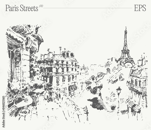 Hand drawn vector illustration of Eiffel Tower, Paris streets
