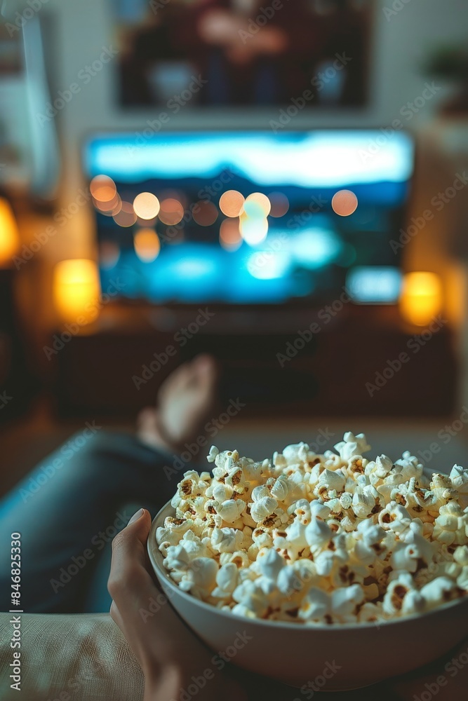Couple happily snacking on popcorn in front of a contemporary led television screen Couple happily snacking on popcorn in front of a contemporary led television screen