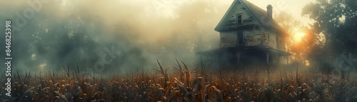 Hauntedlooking farmhouse in a misty cornfield, perfect for eerie and atmospheric storytelling photo