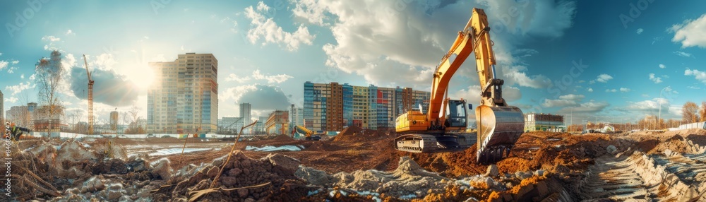 Heavy construction equipment operating on a building site, with an excavator digging soil under a bright, partly cloudy sky, showcasing modern construction work Heavy construction equipment operating on a building site, with an excavator digging soil under a bright, partly cloudy sky, showcasing modern construction work