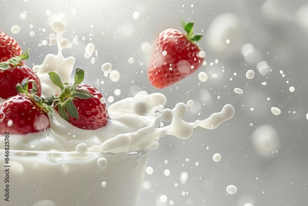 Close up shot of milky cream with falling ripe strawberries for a delectable visual treat Close up shot of milky cream with falling ripe strawberries for a delectable visual treat