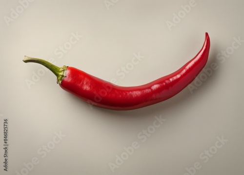 A vibrant red chili pepper with a yellow stem, lying on its side against a gray background.