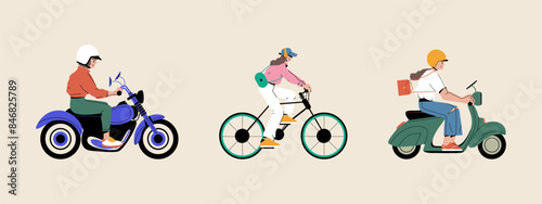 Electric transports set. Women ride, bicycle, bike, modern transportation. Flat graphic vector illustrations.
