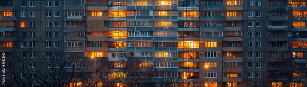 Highrise apartment building at night, warm lights illuminating windows, revealing glimpses of lives inside, urban life captured in detail Highrise apartment building at night, warm lights illuminating windows, revealing glimpses of lives inside, urban life captured in detail