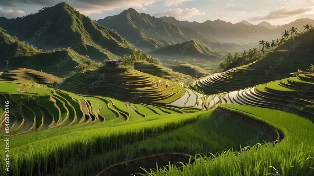 Fototapeta premium Generative AI. Admiring the intricate beauty of rice terraces carved into the mountains