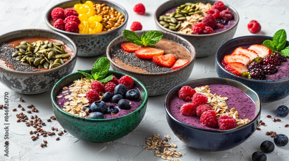 Assorted smoothie bowls with vivid toppings like berries, nuts, and seeds, set against a white background, perfect for a healthy breakfast Assorted smoothie bowls with vivid toppings like berries, nuts, and seeds, set against a white background, perfect for a healthy breakfast