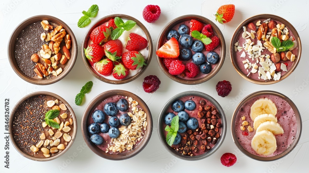 Assorted smoothie bowls with vivid toppings like berries, nuts, and seeds, set against a white background, perfect for a healthy breakfast Assorted smoothie bowls with vivid toppings like berries, nuts, and seeds, set against a white background, perfect for a healthy breakfast