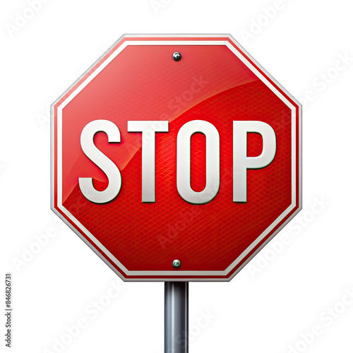 A classic red stop sign with a white border and white STOP text is isolated on a white background. Generative AI