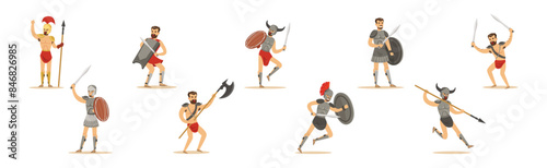 Man Spartan Powerful Warrior Character with Sword and Spear Vector Set