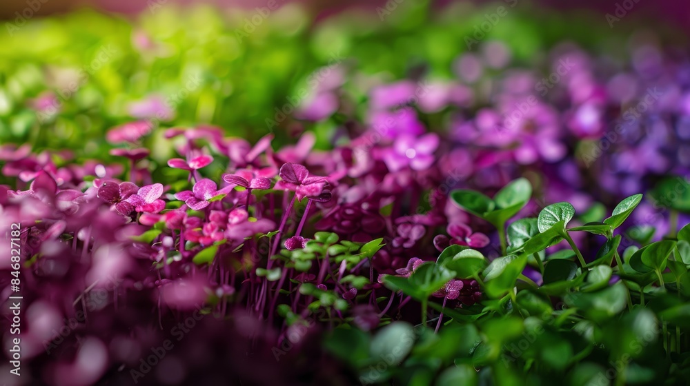 Close-up of hydroponic microgreens in a high-tech indoor farm, capturing the vibrant colors and efficiency of the farming process Close-up of hydroponic microgreens in a high-tech indoor farm, capturing the vibrant colors and efficiency of the farming process