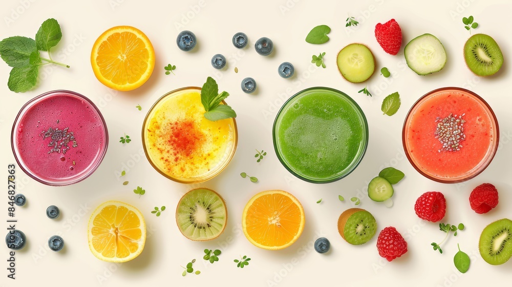 Four colorful smoothies with a variety of fresh fruits and veggies, promoting a healthy lifestyle, isolated on a light background Four colorful smoothies with a variety of fresh fruits and veggies, promoting a healthy lifestyle, isolated on a light background