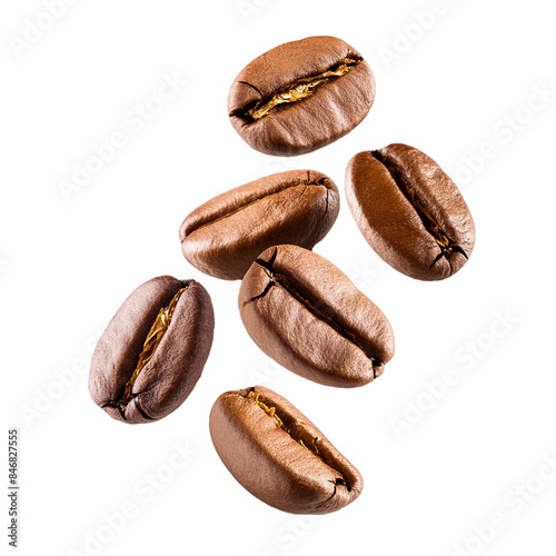 Coffee beans floating isolated on transparent background