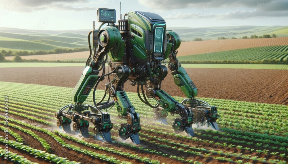 Obraz premium A robust agricultural robot working in a large field of crops. The robot is built with durable, weather-resistant materials and has several appendages