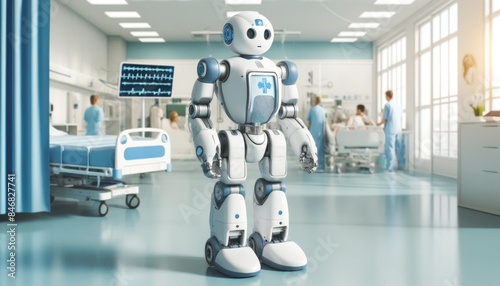 A robot designed for medical assistance in a hospital setting. It has a white and blue color scheme with a gentle, non-threatening design. 
