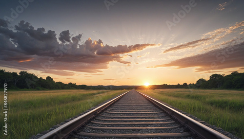Illustration of a railway track stretching out across the expansive, untouched landscape at dusk in rural America photo