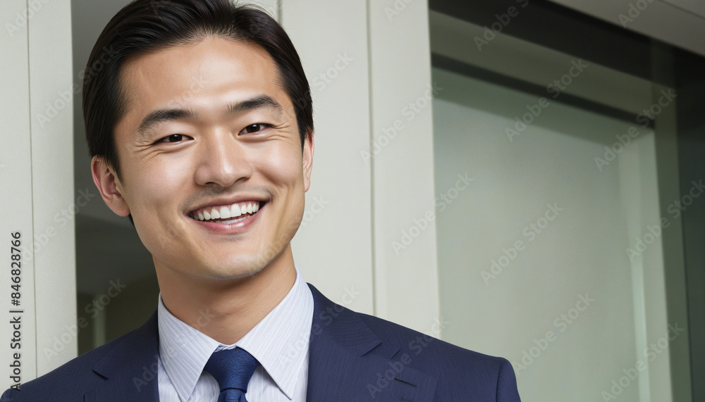Attractive Japanese businessman dressed in a stylish suit, enjoying his role as a successful employee in a corporate setting Attractive Japanese businessman dressed in a stylish suit, enjoying his role as a successful employee in a corporate setting