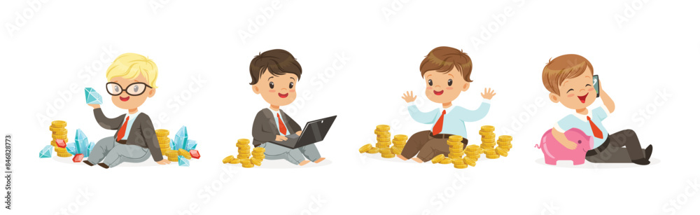 Kid Character In Financial Business Dealing with Money Vector Set Kid Character In Financial Business Dealing with Money Vector Set