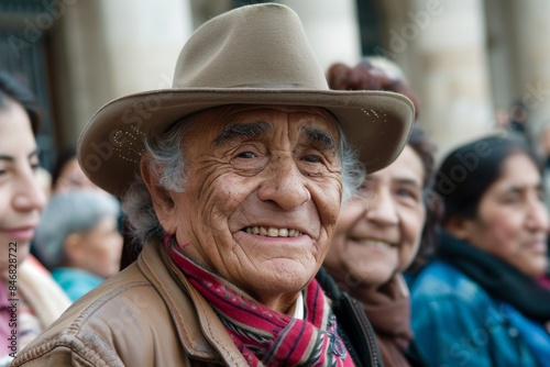 Unidentified old woman in a hat on the streets of Santiago de Chile.