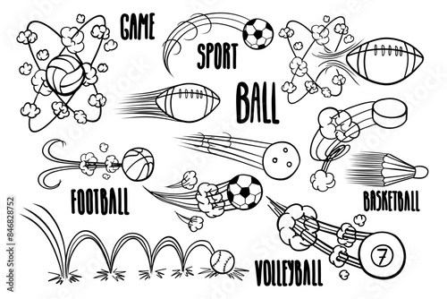 Doodle sports ball rebound set. Football, basketball, volleyball, hockey, billiard, soccer, American football, rugby, tennis, baseball, badminton.Vector Illustration.