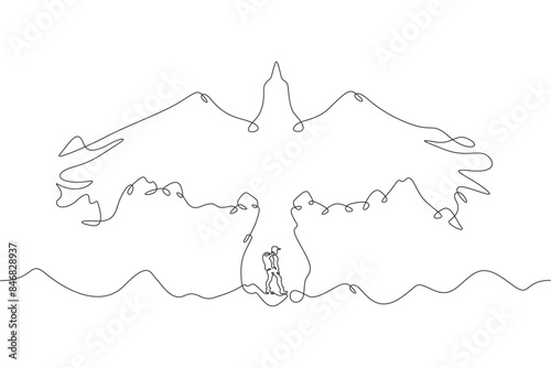 Tourist climber in the mountains. Mountain landscape. Mountain silhouette in the form of a flying bird.One continuous line . Line art. Minimal single line.White background. One line drawing.