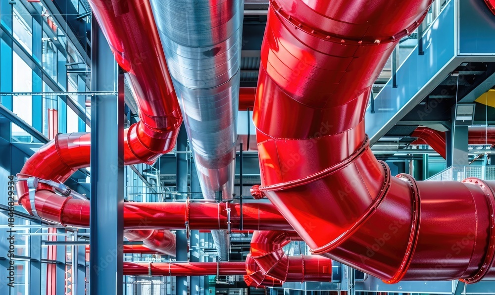 Colorful red and metallic tubing in an industrial setting, showcasing modern architecture and design with intricate pipework and structures. Colorful red and metallic tubing in an industrial setting, showcasing modern architecture and design with intricate pipework and structures.