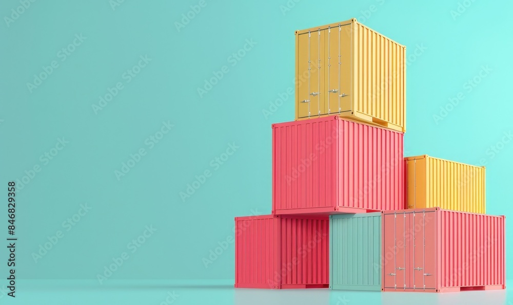 Colorful shipping containers stacked against a blue background, showcasing modern transportation and logistics principles in a minimalist style.