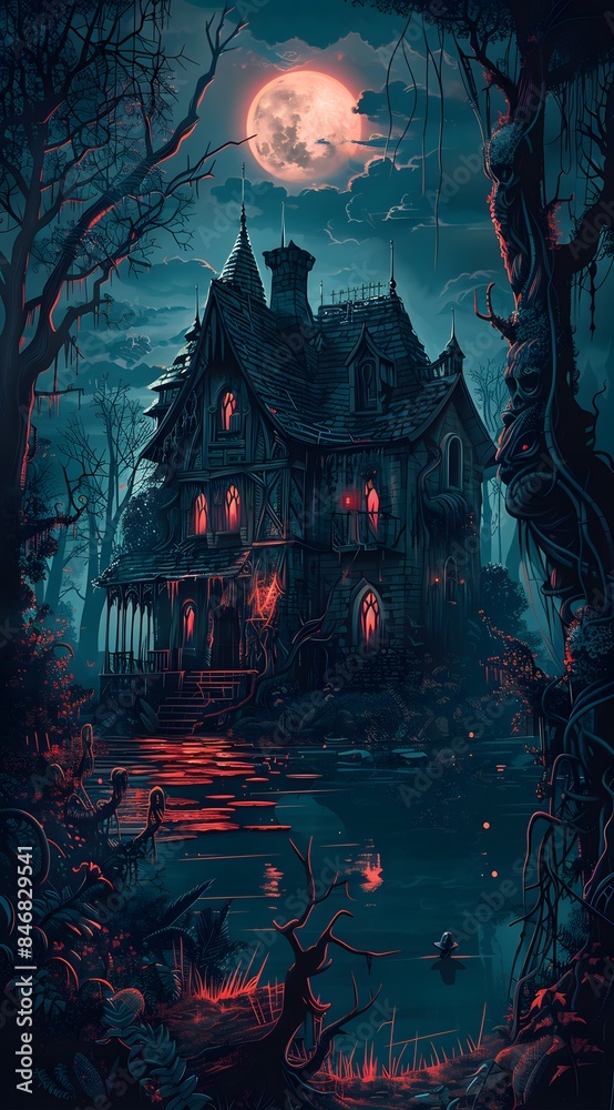 spooky haunted house in the middle of an eerie swamp, red and blue lighting