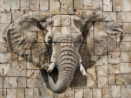 A fragmented mosaic of elephant skin, each textured piece revealing a story of wisdom and resilience photo