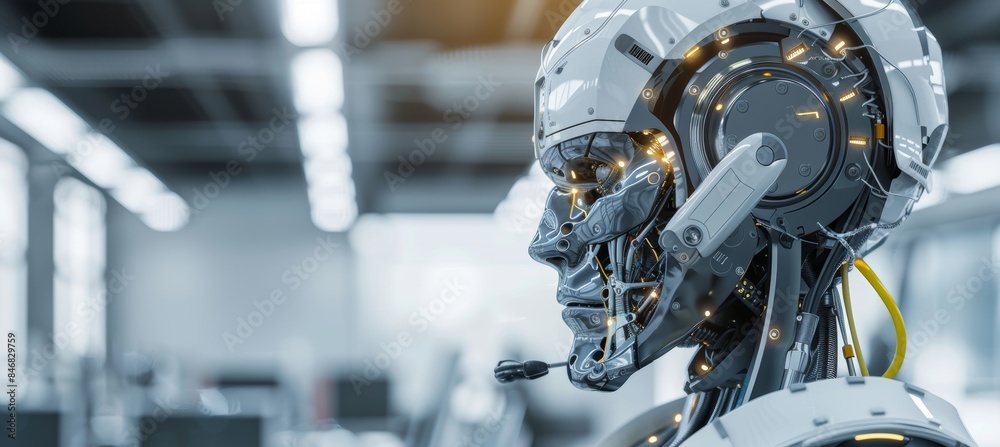 Fototapeta premium Cheerful customer service robot at work on computer in blurred office setting with space for text