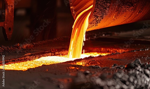 Molten metal being poured in a foundry, showcasing the intense heat and vibrant orange glow of the liquid metal during the forging process. photo