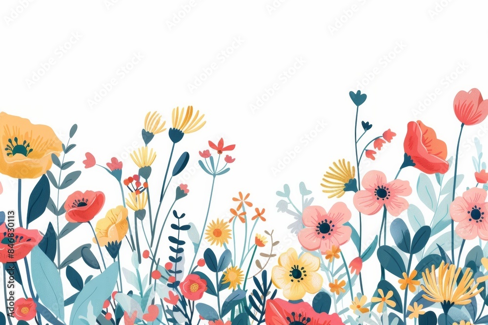 Obraz premium A vibrant bouquet of colorful flowers, including poppies and anemones, stands out against a clean white background. This fresh and cheerful image is perfect for adding a touch of springtime charm 