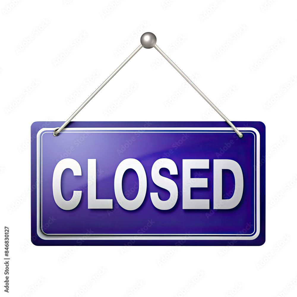A blue sign with white text reading CLOSED is displayed with a hanging chain on a white background. Generative AI A blue sign with white text reading CLOSED is displayed with a hanging chain on a white background. Generative AI