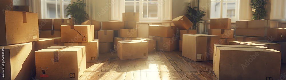 A room filled with moving boxes, ready for the next move A room filled with moving boxes, ready for the next move