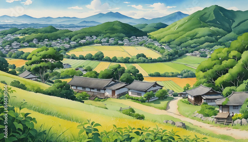 Sunny Watercolor Illustration of a Traditional Japanese Countryside Scene Generated by AI