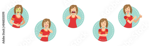 Young Woman Character Face Expression and Emotion Vector Set