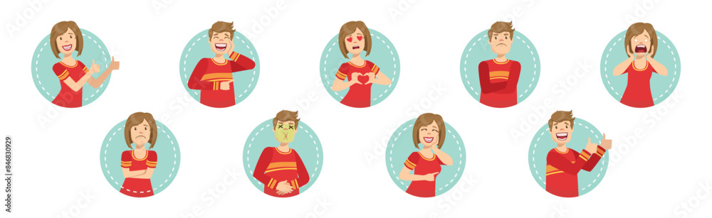 Young Man and Woman Character Face Expression and Emotion Vector Set Young Man and Woman Character Face Expression and Emotion Vector Set