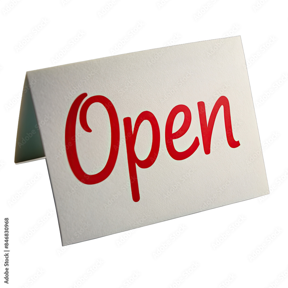 A close-up shot of a white card with a red Open sign, isolated against a white background. The card is angled and positioned as a countertop display, perfect for announcing business hours. Generative A close-up shot of a white card with a red Open sign, isolated against a white background. The card is angled and positioned as a countertop display, perfect for announcing business hours. Generative