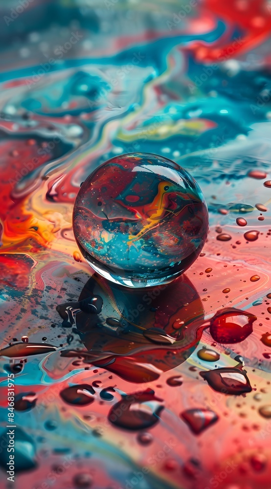 ainbow marble sits on the surface of an abstract painting with water droplets ainbow marble sits on the surface of an abstract painting with water droplets