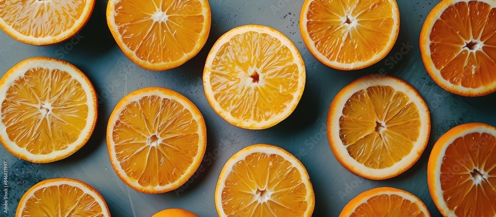 Sliced and whole oranges arranged and captured from above.