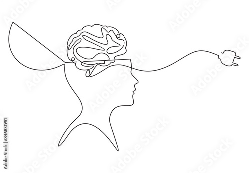 Continuous one line drawing men head and brain inside.The concept of thinking ideas inside the person's head. Vector illustration