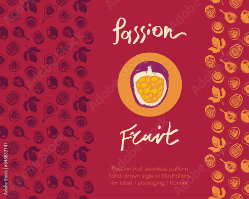 Tropical banner template with hand drawn granadilla frame. Passion fruit seamless pattern. Vector passion fruit background. Exotic fruits.