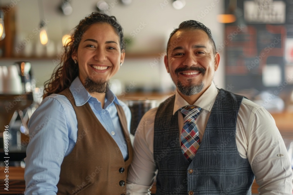 Portrait of a grinning latino couple in their 20s dressed in a polished vest in front of serene coffee shop background Portrait of a grinning latino couple in their 20s dressed in a polished vest in front of serene coffee shop background