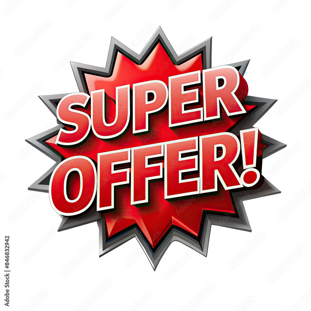 A red and white 3D label with the words SUPER OFFER! in a bold, white font, set against a white background. The label is shaped like a starburst and features a silver trim. Generative AI A red and white 3D label with the words SUPER OFFER! in a bold, white font, set against a white background. The label is shaped like a starburst and features a silver trim. Generative AI