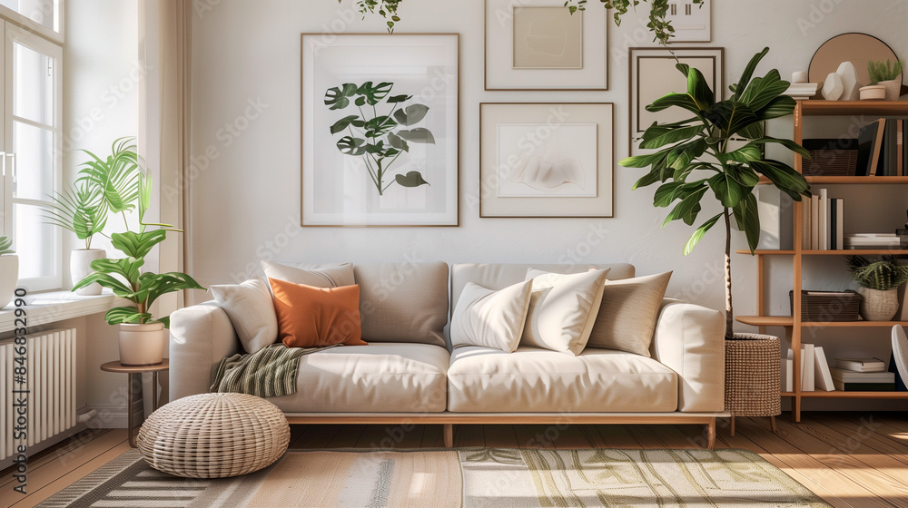 Modern Scandinavian home interior design elegant living room featuring a comfortable sofa, wooden floor, white walls and home plants Modern Scandinavian home interior design elegant living room featuring a comfortable sofa, wooden floor, white walls and home plants